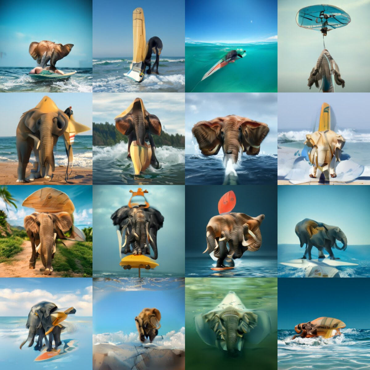 baseline samples for: a photo of an elephant below a surfboard