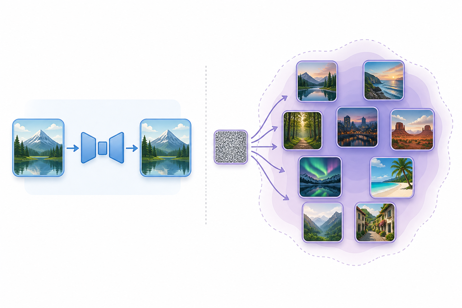 Illustration contrasting reconstruction with a single target and generation with many plausible outputs